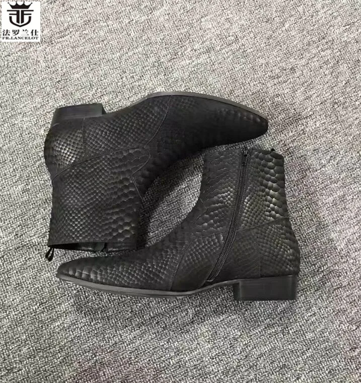 FR.LANCELOT 2020 snakeskin print leather boots fashion matt Leather ankle botas party shoes male zip up motorcycles men booties