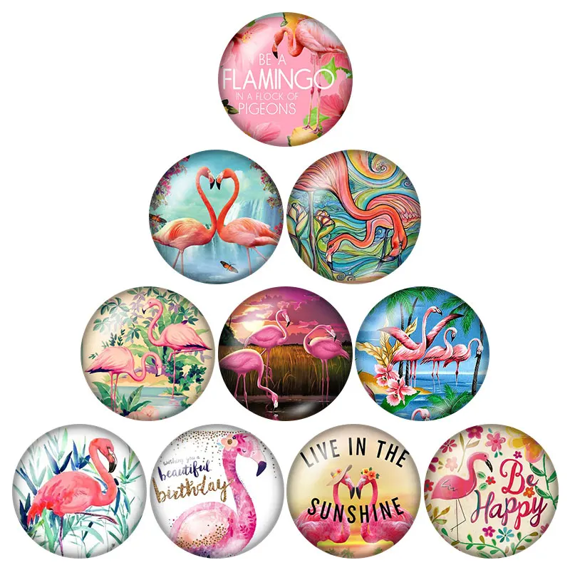 Beauty Pink Flamingo 10pcs set 12mm/16mm/18mm/25mm Round photo glass cabochon demo flat back Making findings ZB0570