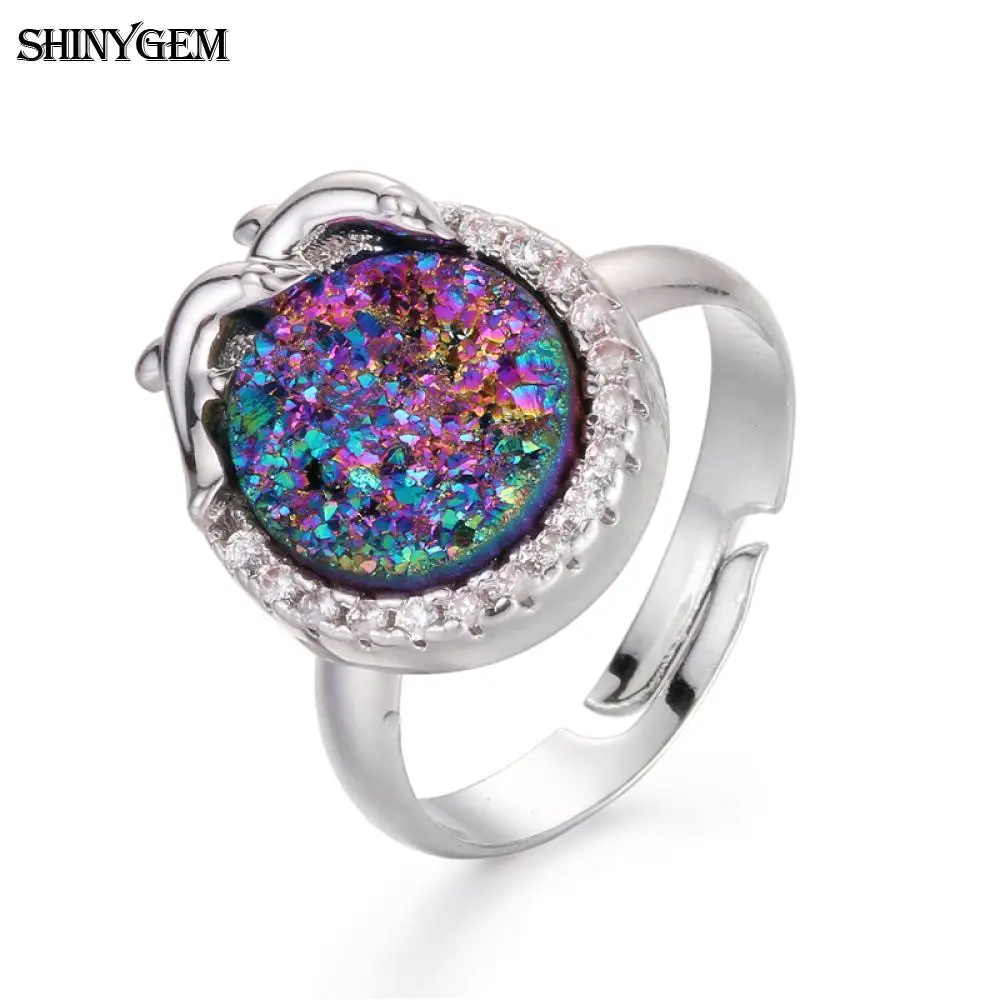 

ShinyGem Adjustable Crystal Rings Silver Plated Dolphin Round Natural Druzy Stone Ring Unique Wedding Engagement Ring For Women