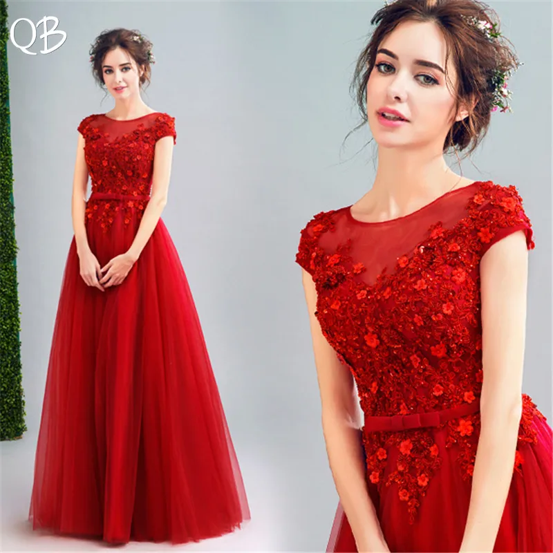 

A-line Tulle Lace Flowers Beaded Crystal Long Formal Elegant Red Evening Dresses 2020 New Fashion Bride Party Prom Dress XK147