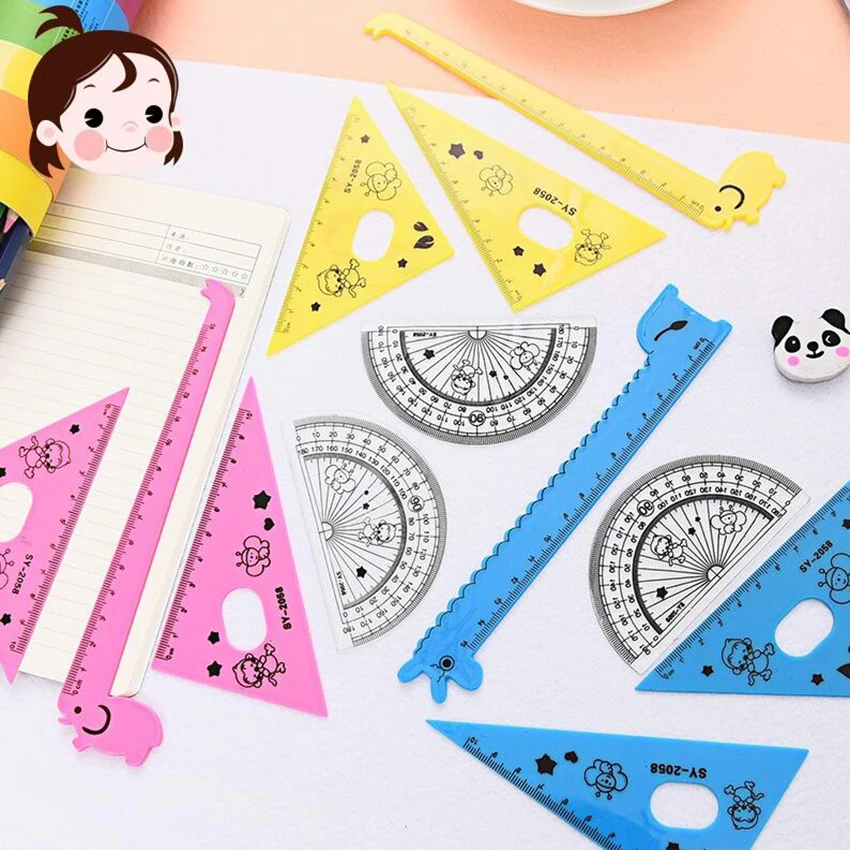 4Pcs/Set Cute Cartoon Ruler Set Children's Day Gift Office Stationery Drafting Supplies Triangle Ruler Creative Math Sets