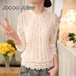 Jocoo Jolee Sexy Women Lace Blouse Shirts Long Sleeve Chiffon Lace Crochet Tops Ladies White Blusas Clothing Feminine Blouse