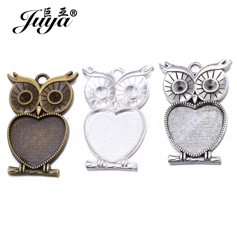 5 sztuk/partia 25mm kształt serca sowa Cabochon ustawienia Bezel puste tace dla wisiorek naszyjnik DIY komponenty do wyrobu biżuterii akcesoria