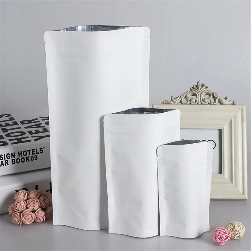 500Pcs/Lot Stand Up White Kraft Paper Aluminum Foil Bag Zipper Doy pack Packaging Pouch Food Tea Snack Resealable Bags wholesale