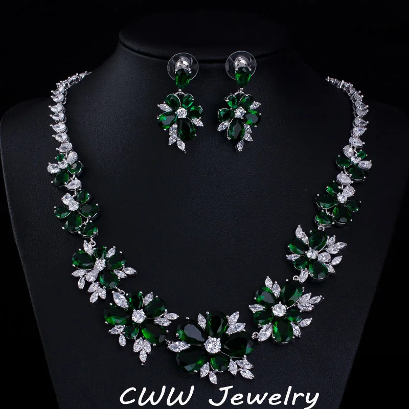 CWWZircons Blue CZ Bridal Jewelry Big Cubic Zirconia Stone Flower Wedding Choker Necklace Earrings Sets For Women  T153