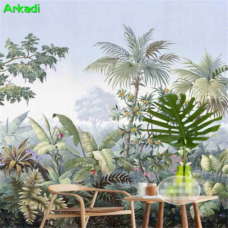 

Southeast Asian style hand-painted tropical rainforest banana leaf green forest landscape background wallpaper living room