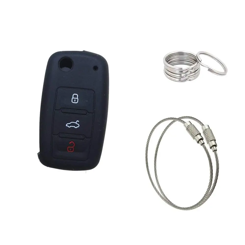 Muchkey Silicone Car Key case +Key chain 150mm 2pcs+Key Ring 30mm 5pcs For VOLKSWAGEN SKODA