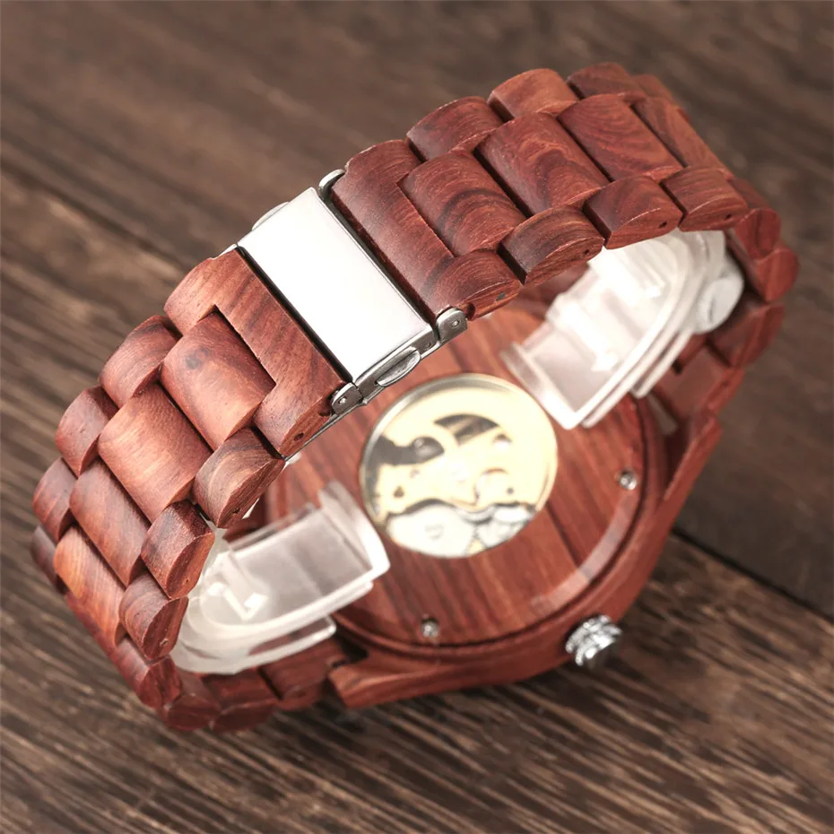 Luxury Red Wood Watch Mechanical Self Winding Wooden Watches Creative Unique Automatic Timepiece Men Watch reloj masculino