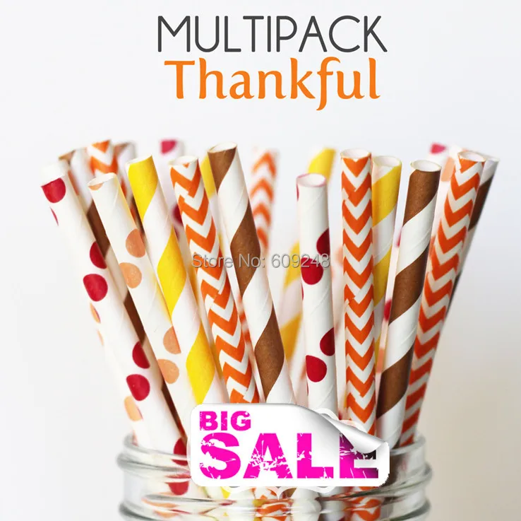 125 Pcs Mixed Colors THANKFUL Thanksgiving Paper Straws, Brown and Yellow Striped, Red and Orange Polka Dot, Orange Chevron