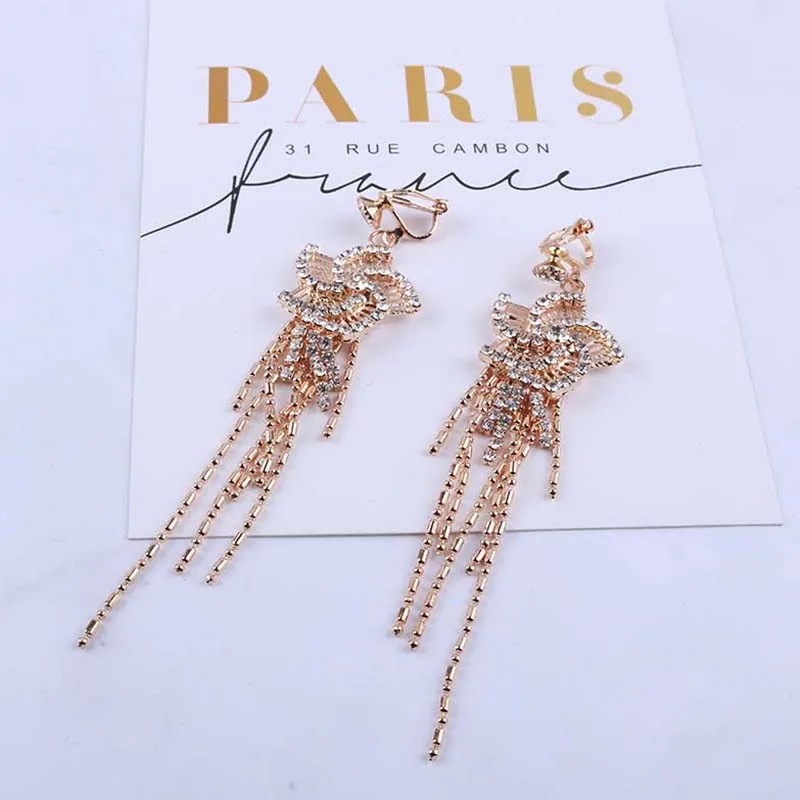 Gold Silver Hollow Flower Fringe Clip On Earrings No Pierced Rhinestone Dangle For Female Wedding Party Star Ear Clips Jewelry