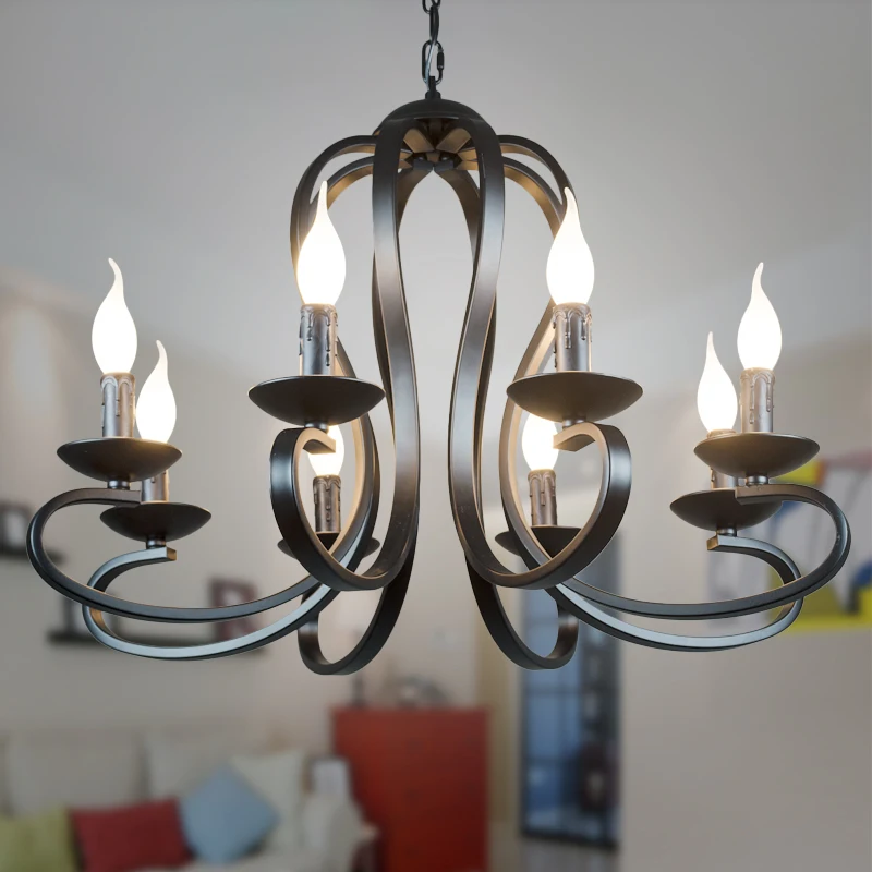 Vintage Wrought Iron Chandelier E14 Candle Holder Black White Iron Lighting Lamp American Country Style Ceiling Light Fixture