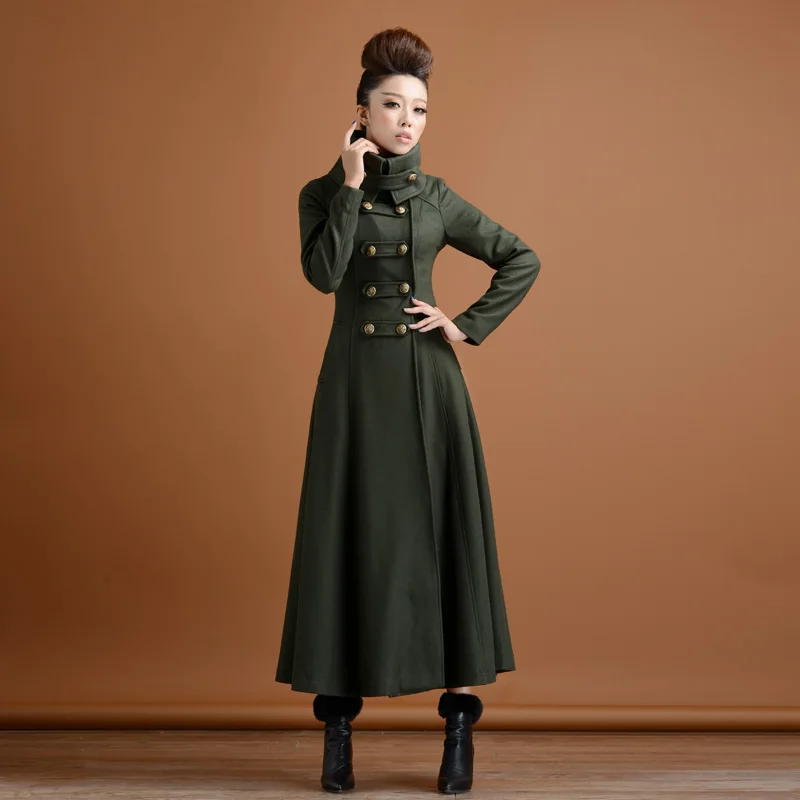 Abrigo de lana de doble botonadura para mujer, abrigo grueso de estilo militar, cuello alto, delgado, largo, Cachemira, cálido, invierno