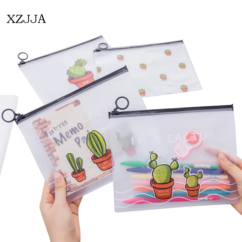 XZJJA Cute Cactus Transparent Grind Arenaceous Pencil Bag Big Capacity Waterproof Students Stationery Bag Home Office Supplies