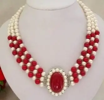 

women Fashion Jewelry (Mini Order 1) Beautiful !6-7mm white Pearl& red coral necklace Pearl Beads Fashion Jewelry Rope Chain Nec