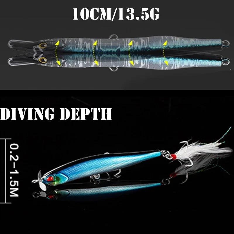 Proleurre 1pcs Propeller Minnow Fishing Lure 12.5g 100mm Sinking Pencil Baits Artificial Hard Bait Feather Hook Fishing Lures