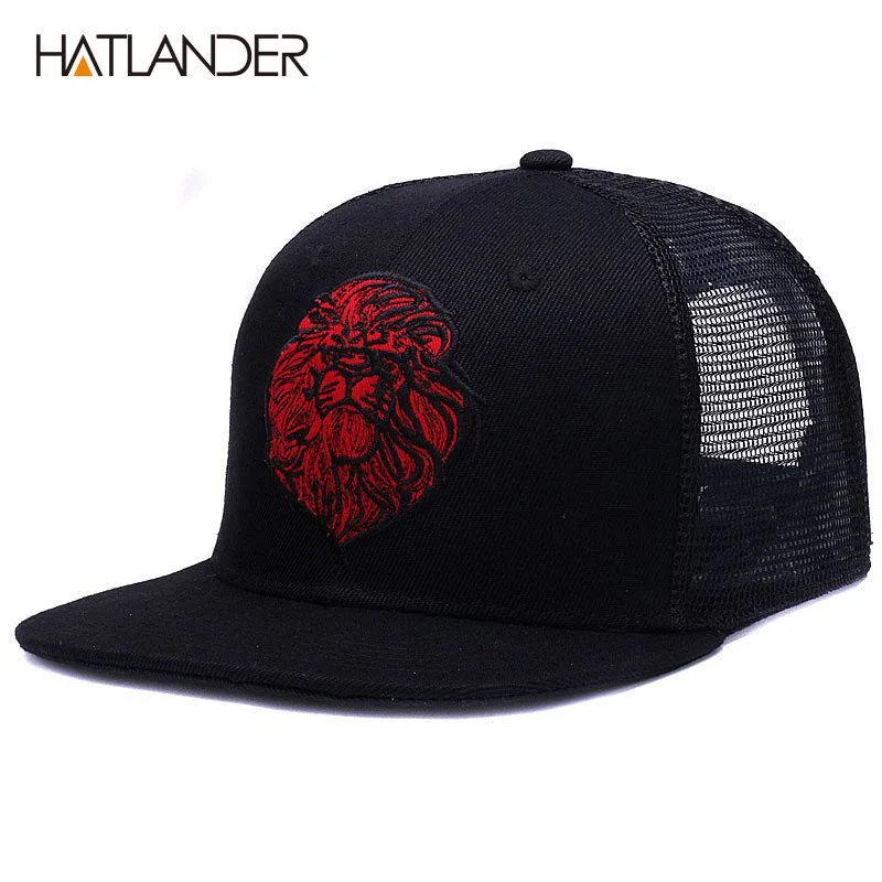 [HATLANDER] หมวกเบสบอลสีดำหมวกสำหรับชายฤดูร้อน Sun Hats เย็บปักถักร้อย Lion ตาข่าย Snapbacks สะโพก Hop Bone trucker หมวก