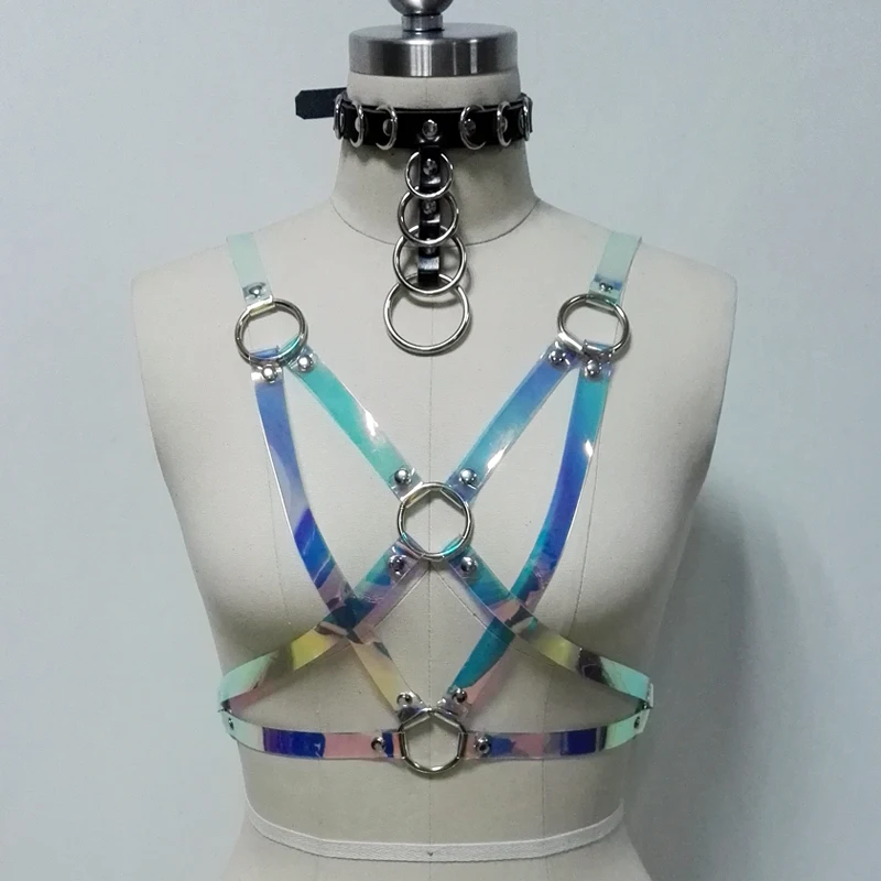

100% Handmade Punk Gothic Holographic Star Pentagram PVC Harness Rainbow Hologram Choker Waist Belts Suspender Straps