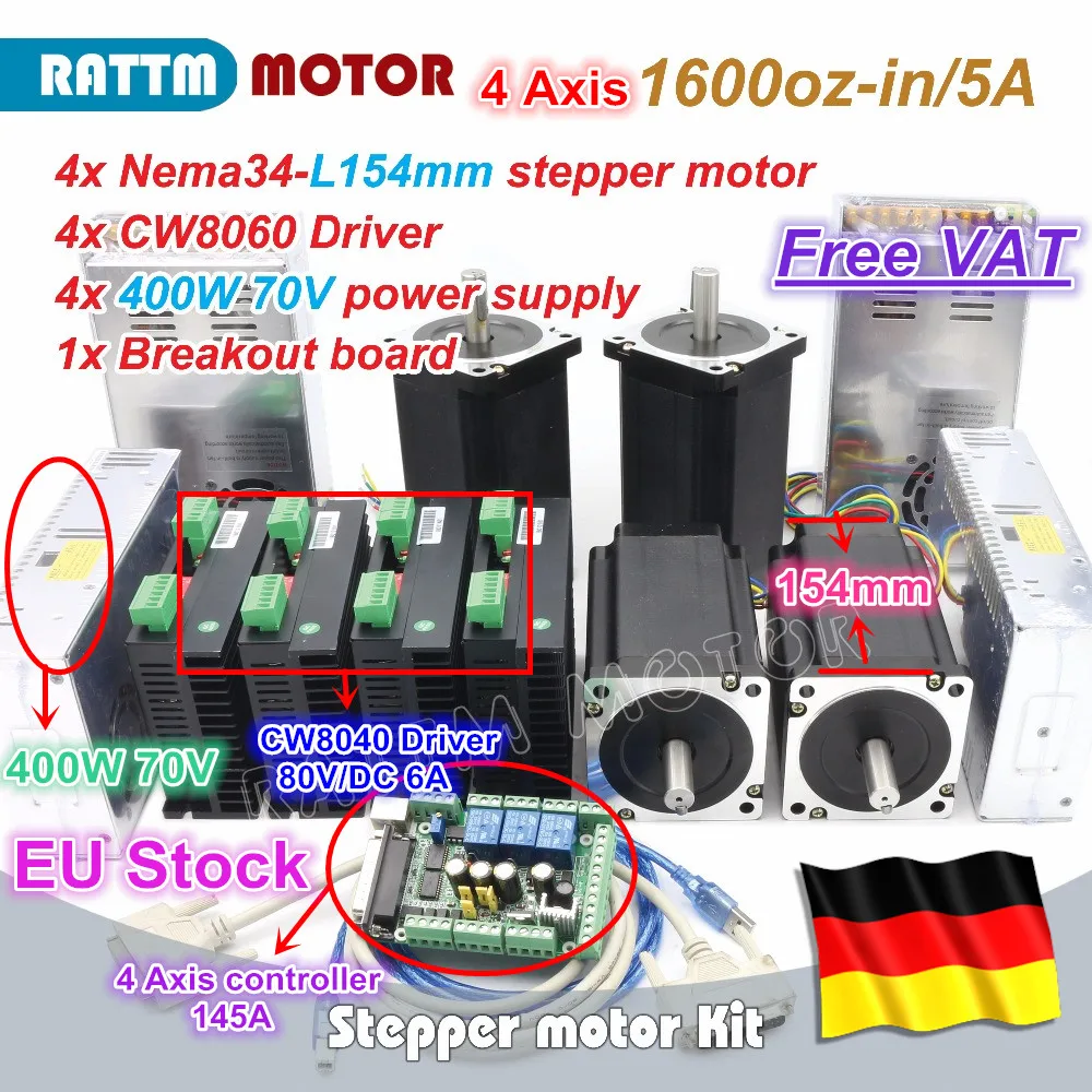 

【DE ship free VAT】 4 Axis Nema34 Stepper Motor 1600oz-in 12N.m 154mm Dual Shaft+CW8060 Driver 80VDC 6A Large CNC Controller Kit