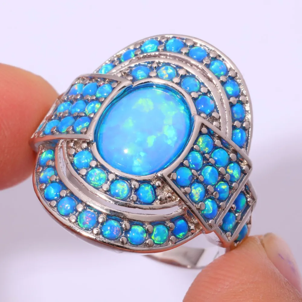 CiNily Vintage Blue Fire Opal Rings With Stone Silver Plated Luxury Large Bohemia BOHO Summer Cocktail Party Fully-Jewelled