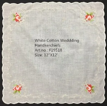 Set of 12 Fashion Wedding Bridal Handkerchiefs White Cotton Hankie with Scallop Edges & Color embroidery Floral Hanky 12x12-inch