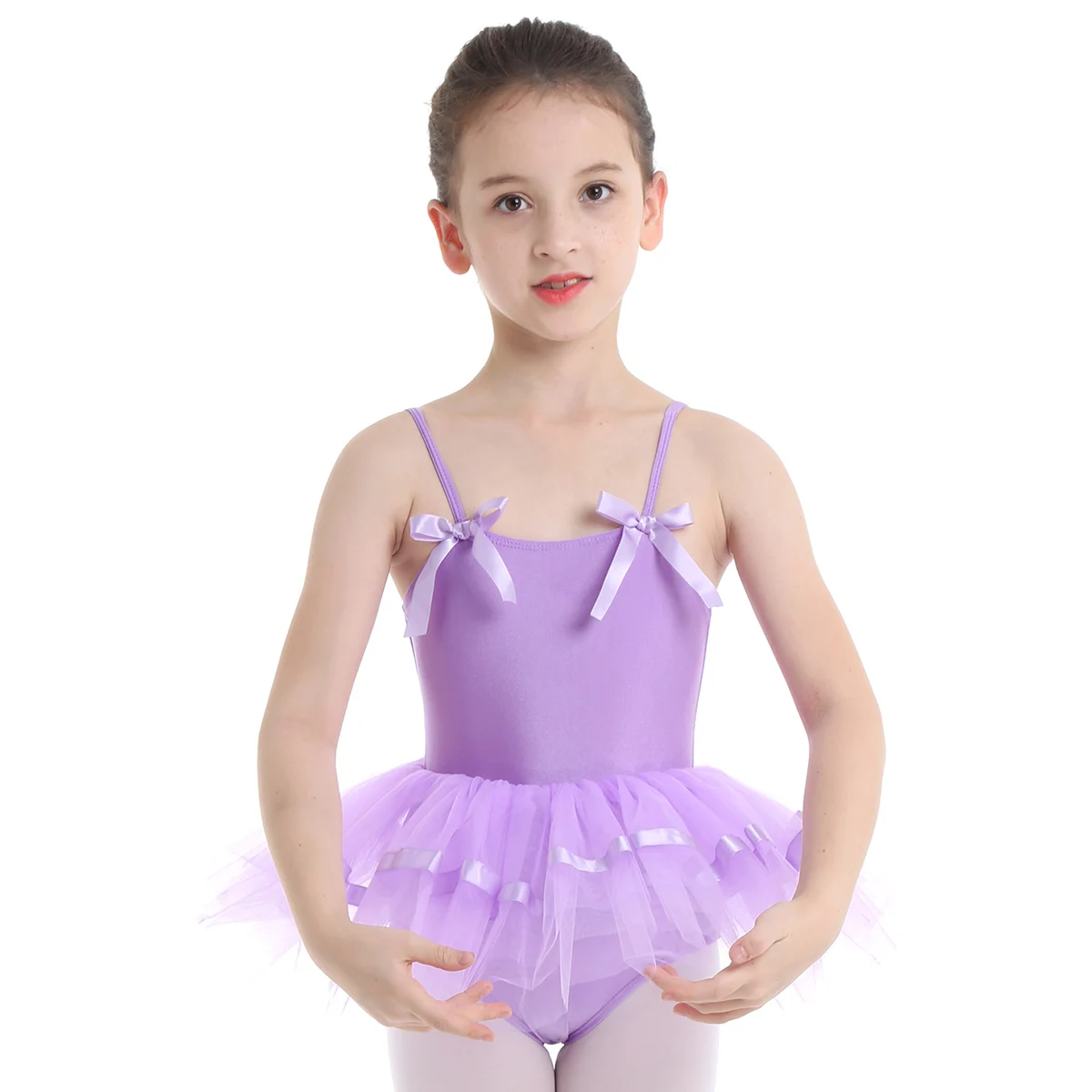 Vestido de balé com malha e tutu, balé feminino infantil para ginástica, traje de bailarina, alças de ombro espaguete com laços