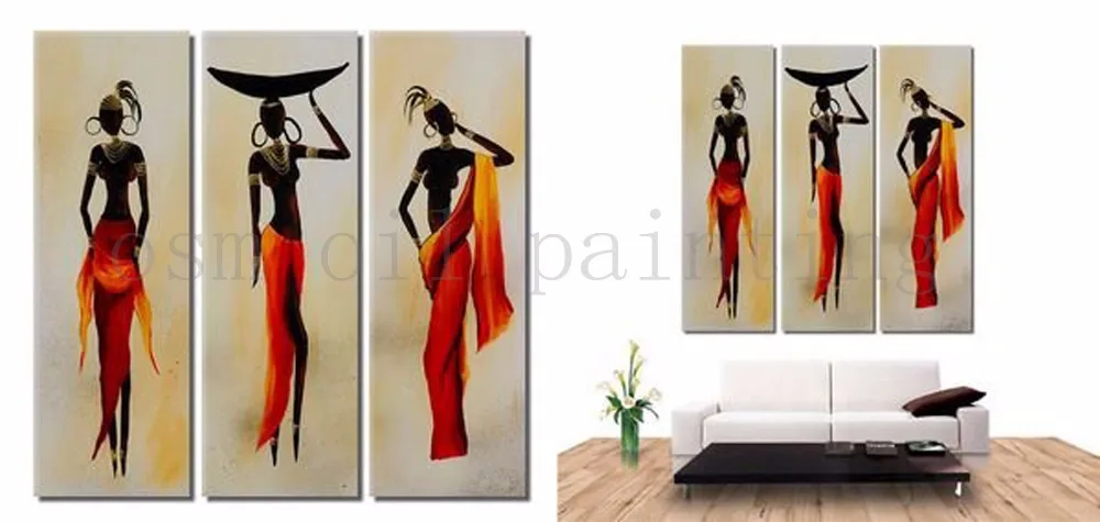 Handmade Wall Decor 3 Pieces Modern Africa Art Oil Painting on Canvas Hand Paint Abstract Africa Black Woman Portrait Pictures