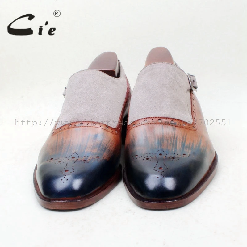 cie Free Shipping Bespoke Handmade Round Toe Single Monk Staps Grey Suede Brown Patina Blue Matching Calf Leather Outsole MS154