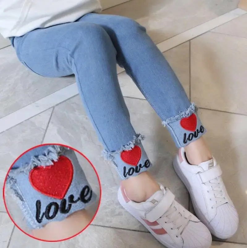 2024 Spring New Fashion Girls Cartoon figure Middle Waist Soild Color Cartoon Jeans Baby Trousers Cotton Denim Long Pants3-12Y