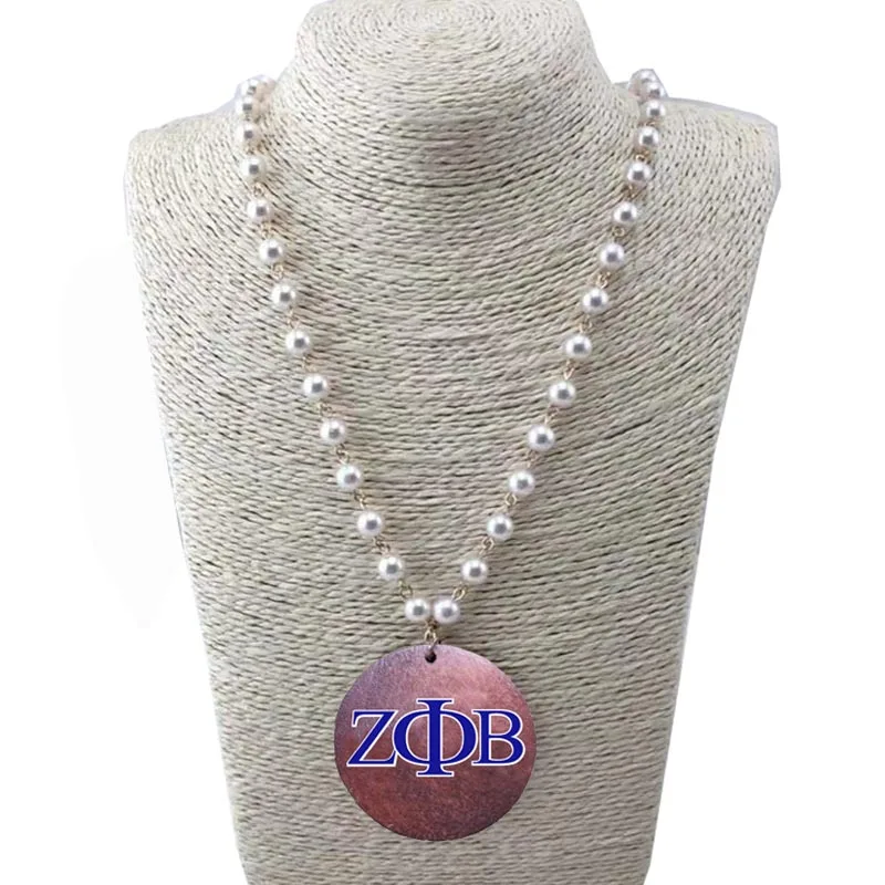 Topvekso masonic custom name necklace ZPB  Zeta Phi Beta Natural Wooden Disc pearl Pendent Necklace