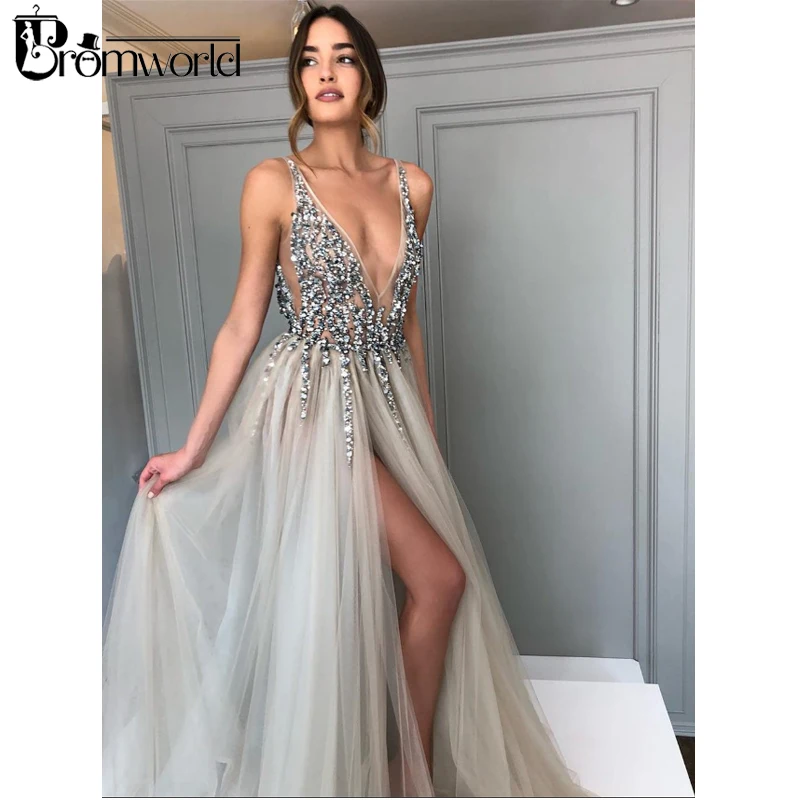 Promworld Backless Gray Evening Dresses 2022 Sexy Prom Dresses with Slit Rhinestone Tulle See Through Long Evening Gowns