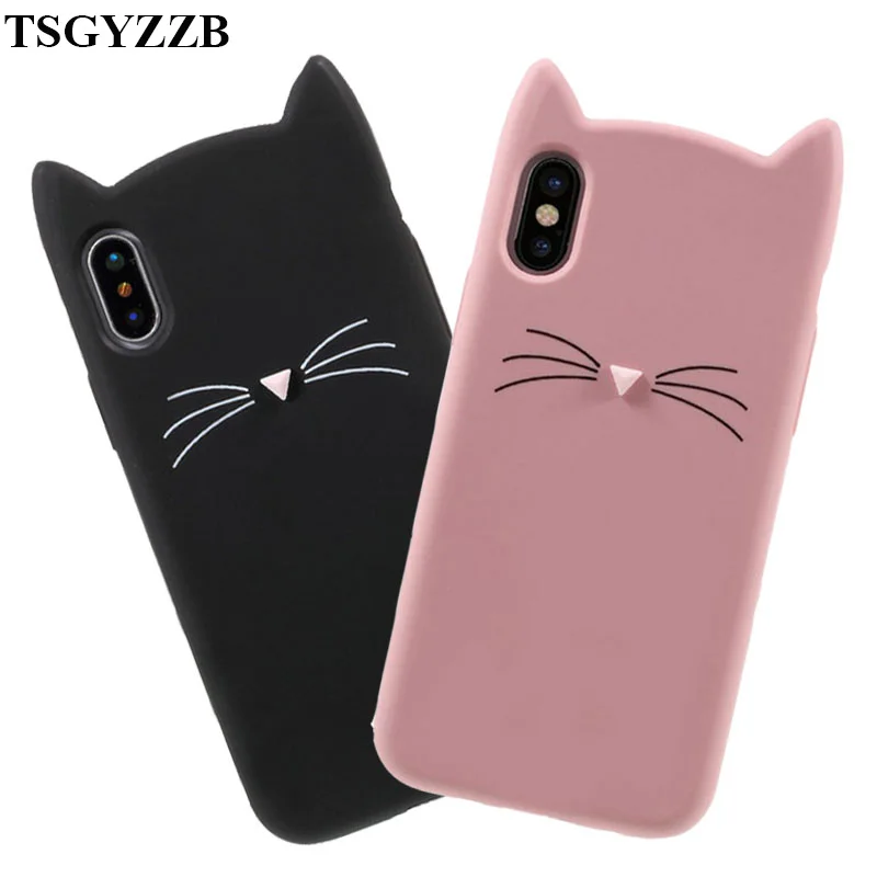 3d capa de silicone para iphone, desenhos animados, animais, orelhas de gato, para iphone 5S, 5se, 6s, 6, 7 plus, xs