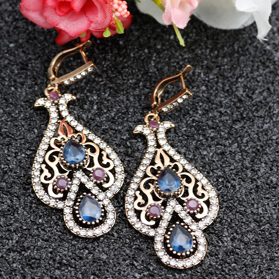 Sunspicems Chic Turkish Earring Vintage Bohemia Bride Jewelry For Women Retro Gold Color Arabic Water Drop Earring Indian Bijoux