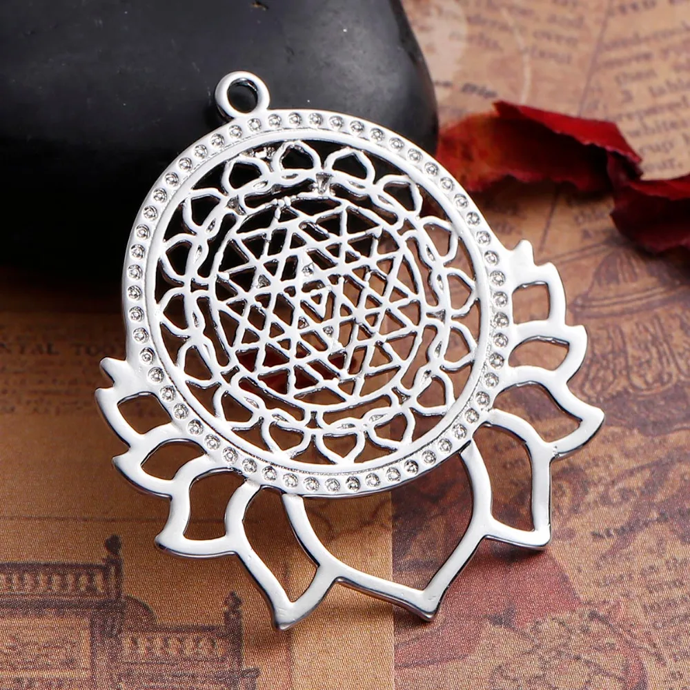 Hot Sri Yantra Meditation Pendants For Handmade Components Silver Color Lotus Hollow Flower Style DIY Jewelry Findings,1 PC