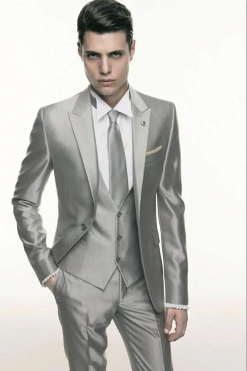 Silver Grey Satin Wedding Men Suit Formal Skinny Stylish Male Blazer Party Custom Tuxedo 3 Piece Vestidos Suit For Men