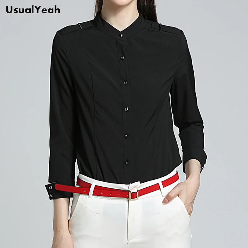 Usualyeah Baru Wanita Fashion Kantor Tubuh Wanita Blus Tombol Slim Fit Berdiri Kerah Kemeja Hitam Beige Blusas S-XL SY0337