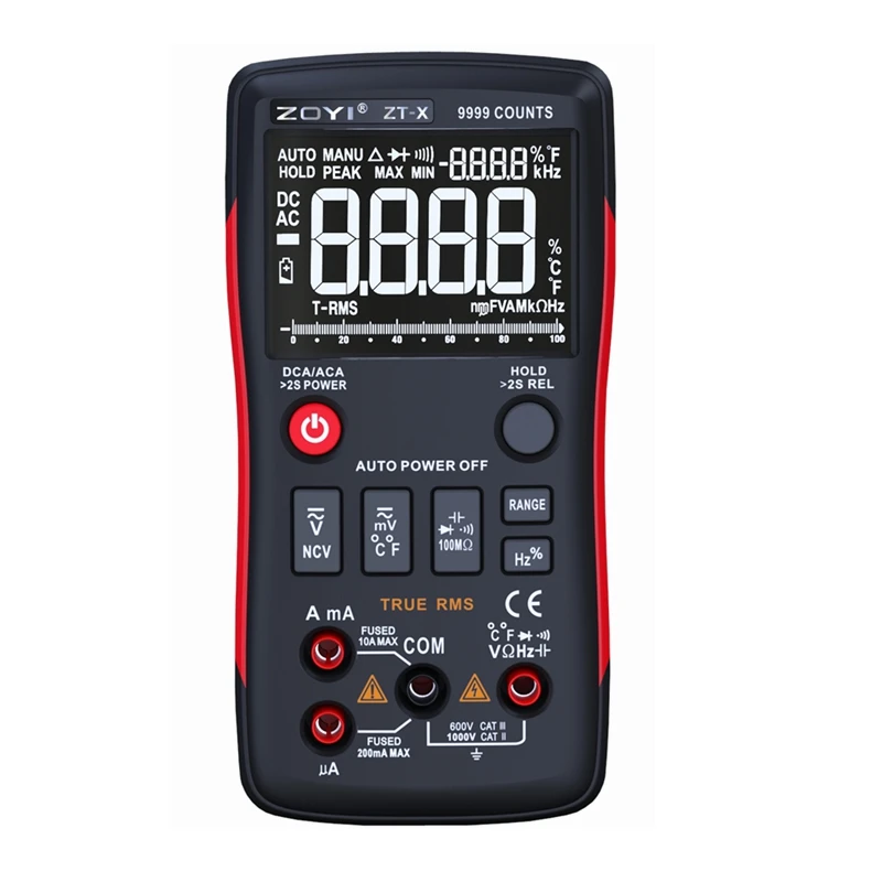 Portable AutoRange Digital Multimeter ZT-X 9999 Counts LCD Display AC DC Voltmeter True RMS NCV Diode Capacitor Ohm Data Hold