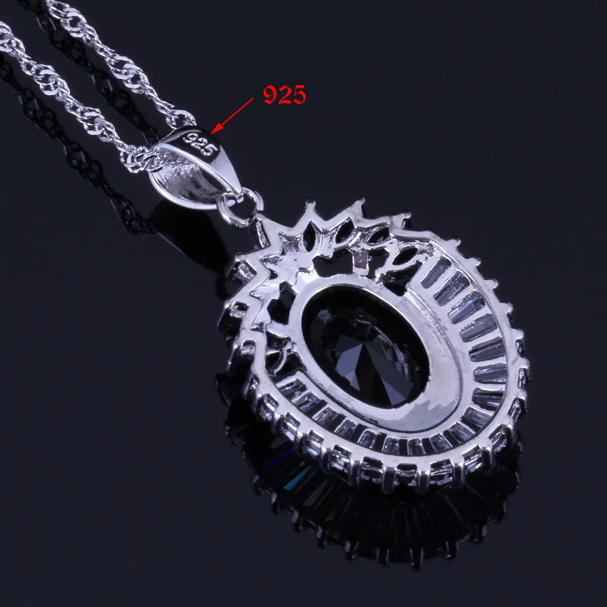 Sublime Flower Black Cubic Zirconia White CZ Silver Plated Jewelry Sets Earrings Pendant Nacklace Chain Ring V1002