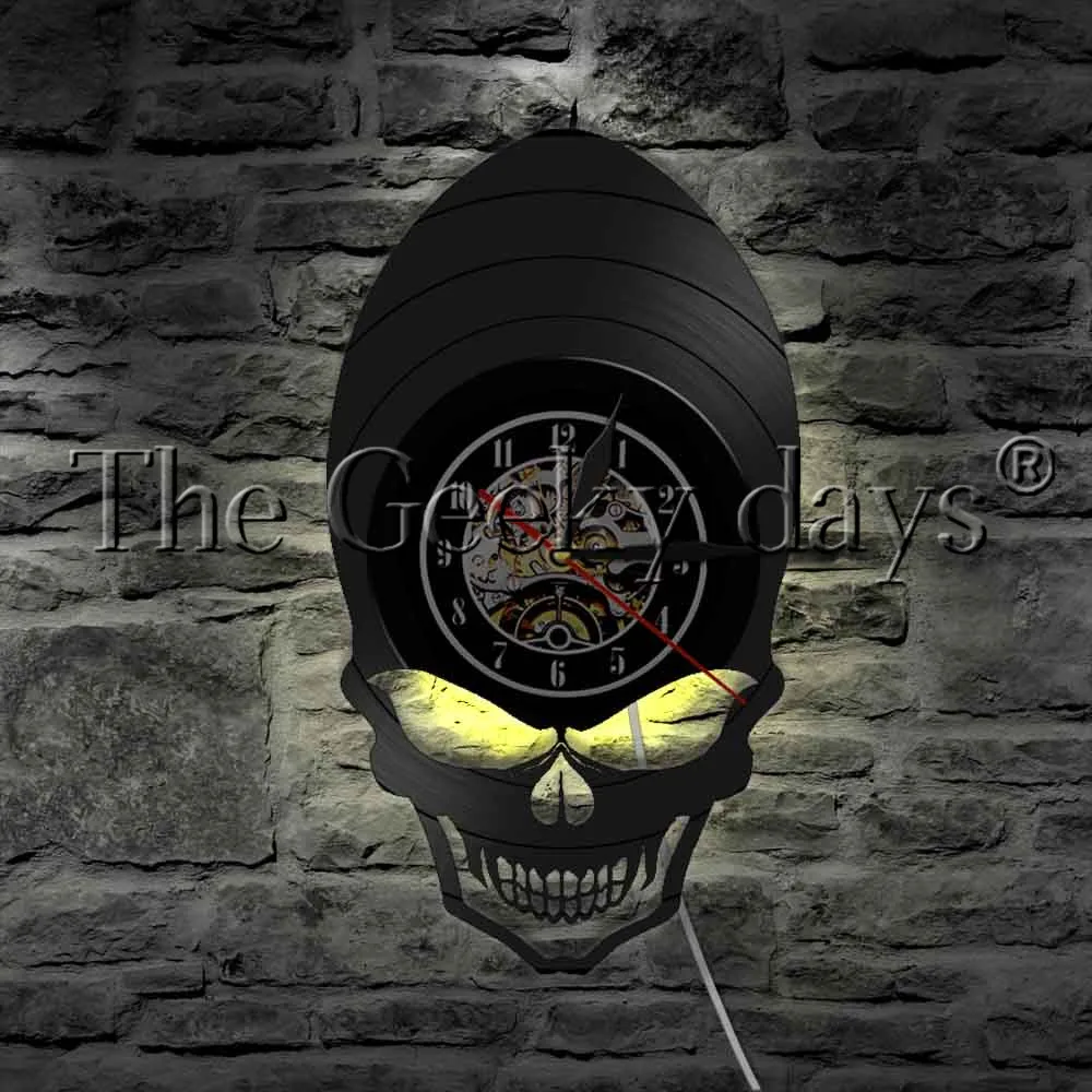 Alien Skull Vinyl Record Wall Clock Hippie Skull Wide Cheekbones Eyes Skeleton LED Night Light Halloween Horror Decor