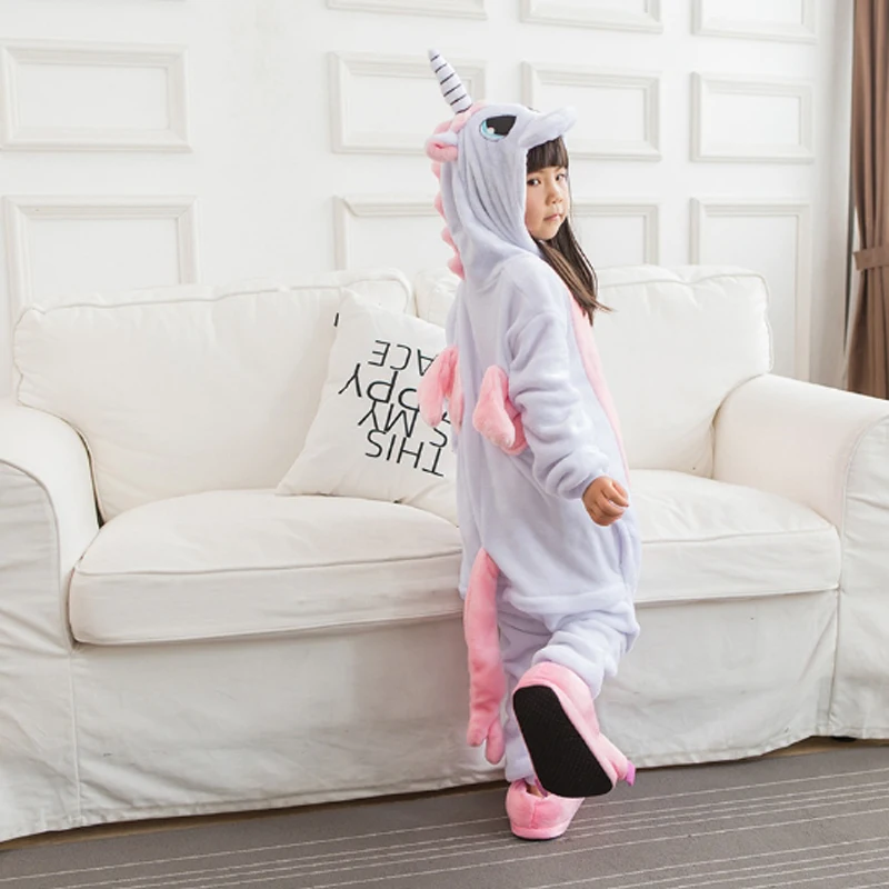 Unicorn Hooded Blanket Onesie Kids Boys Girls Animal Cosplay Pajamas Winter Children Flannel Funny Pijamas Cartoon Sleepwear