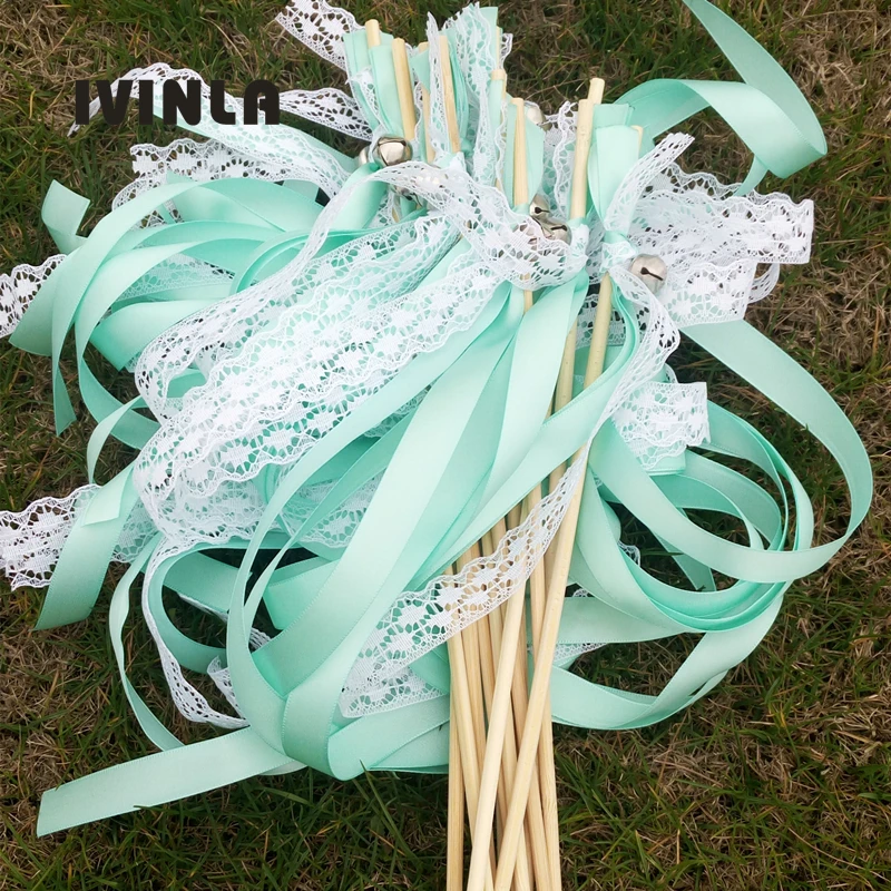 Hot selling 50pcs/lot Green Wedding Ribbon Wands stick with lace and big Bells for wedding decoration