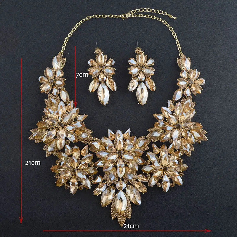 10 Colors Bridal Wedding Statement Jewelry Sets Rhinestone Crystal Necklace Champagne Color For Women Party Dress Accessories