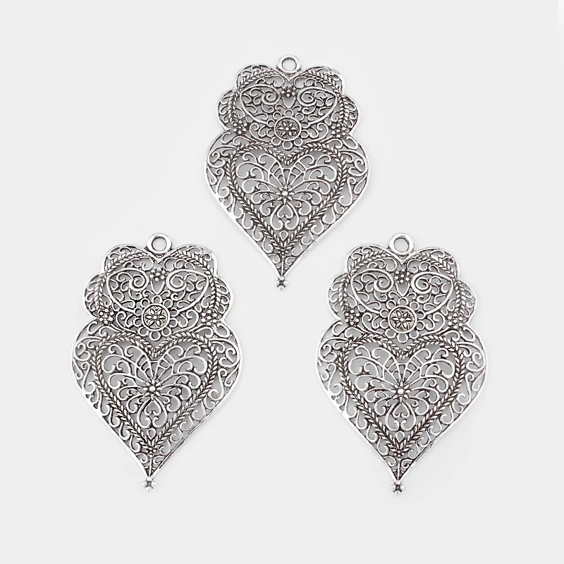 3pcs Tibetan Silver Large Hollow Filigree Owl Viana Heart Charms Pendant For DIY Necklace Earring Jewelry Making Supplies