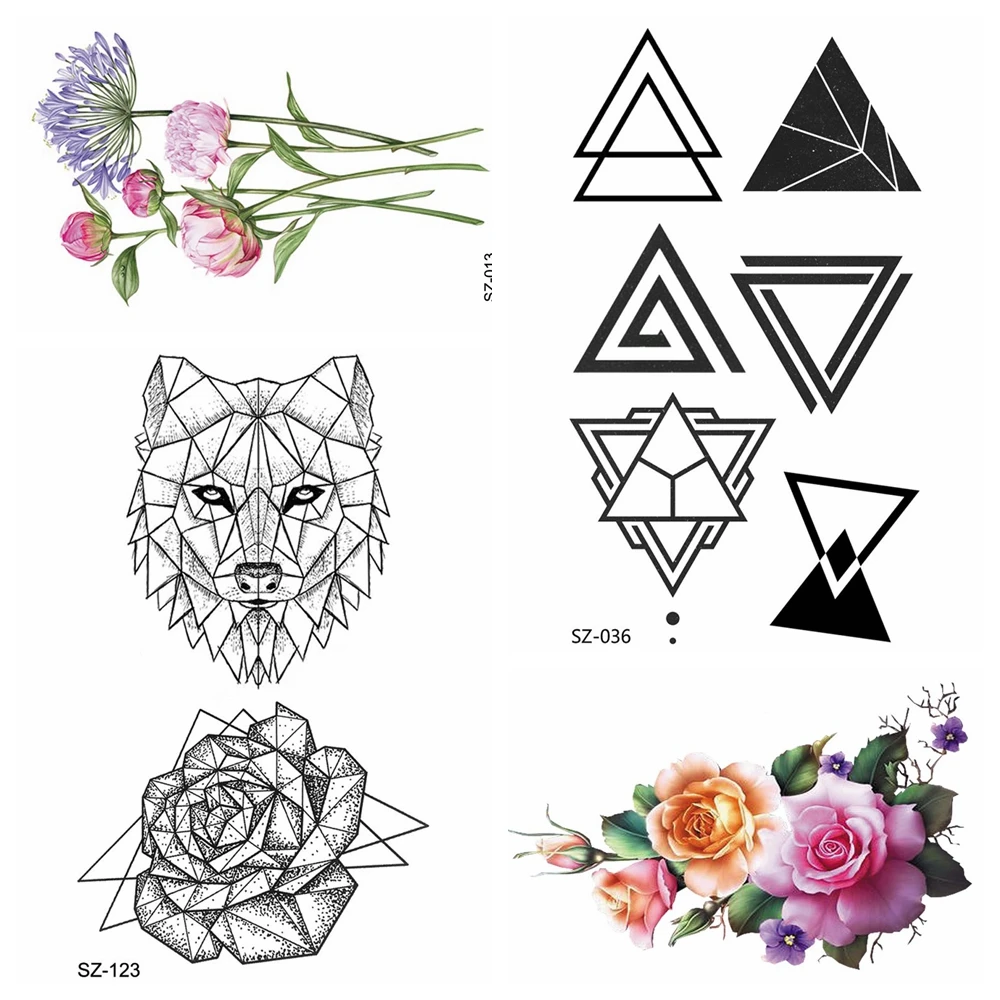 

Fake Triangle Arm Tattoo Women Fashion Temporary Tattoo Stickers Men Geometric Black Geometry Rose Flower Wolf Waterproof Tatoos