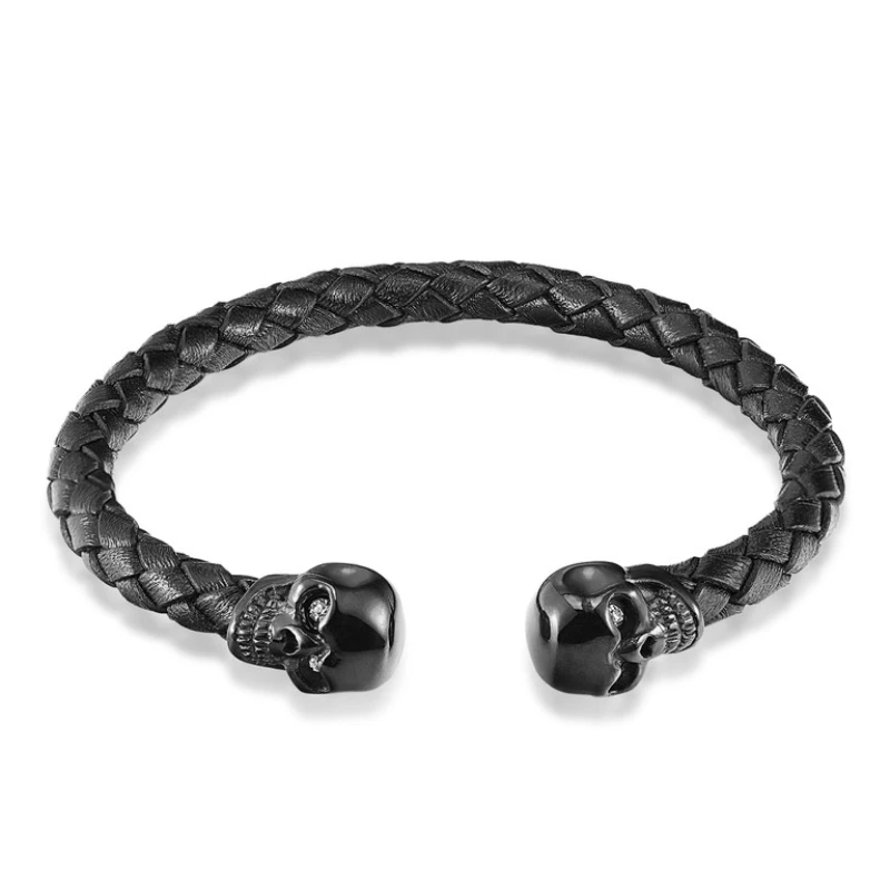 Vintage 3 Colors Skull Bangles Hand Made Top Quality Adjustable Length Stainless Steel Leather Bracelet Charm Bracelets Men Gift