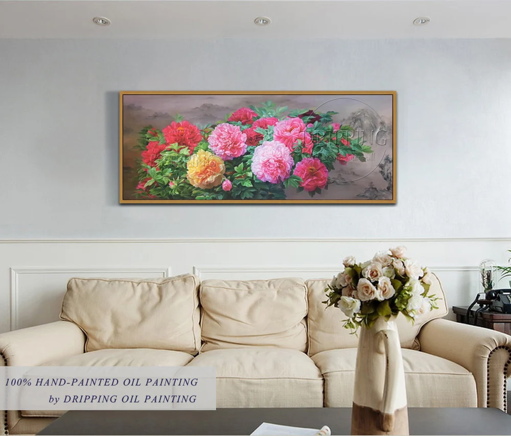 Gifted Artist Hand-painted Top Quality Chinese Peony Oil Painting on Canvas Hand-painted China Style Peony Flower Oil Painting