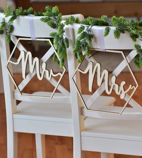 

personalize wedding Newly Married couples Mr&MRS Chair Signs, custom Mr and Mrs geometric chair signs- wooden chair signs