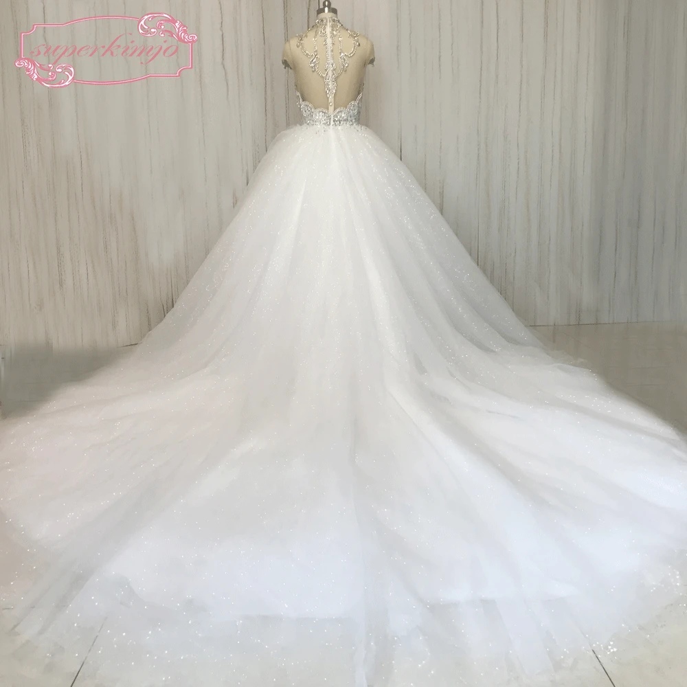 SuperKimJo High Neck Crystal Wedding Dresses 2020 Vestido De Noiva Luxury Sparkly Chapel Train Wedding Ball Gown