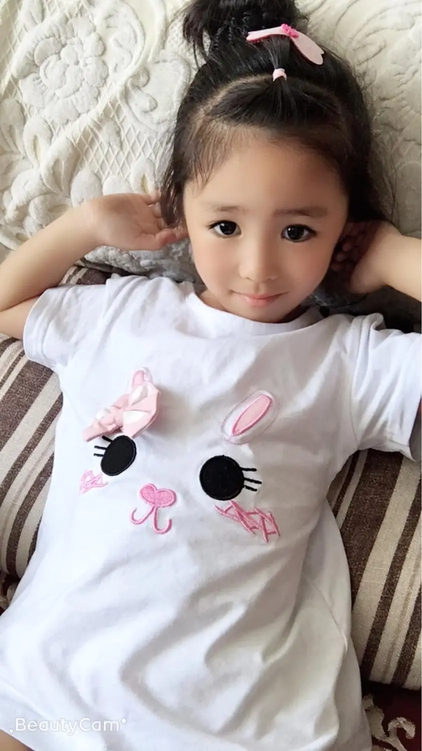 2024 Summer 2 3 4 5 6 8 Year Children Baby White Pink Cotton Cartoon Cat Dot Bowknot Patchwork Short Sleeve Kids Girl T-Shirt