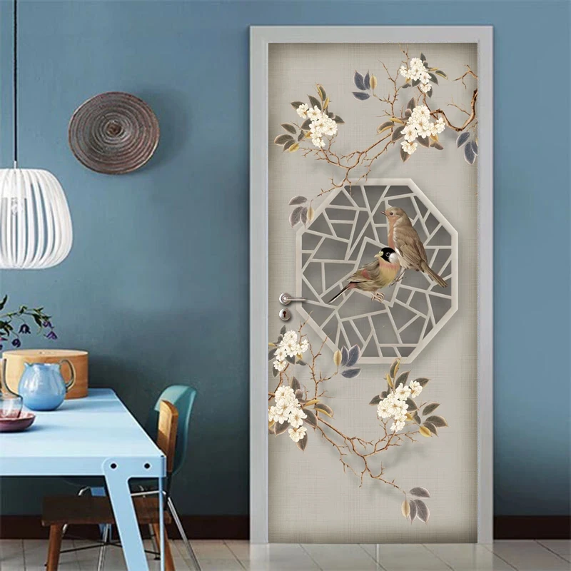 Wall Painting Chinese Style Flower Bird Door Sticker Mural Living Room Bedroom Study Door DIY Self-adhesive Decoration Sticker