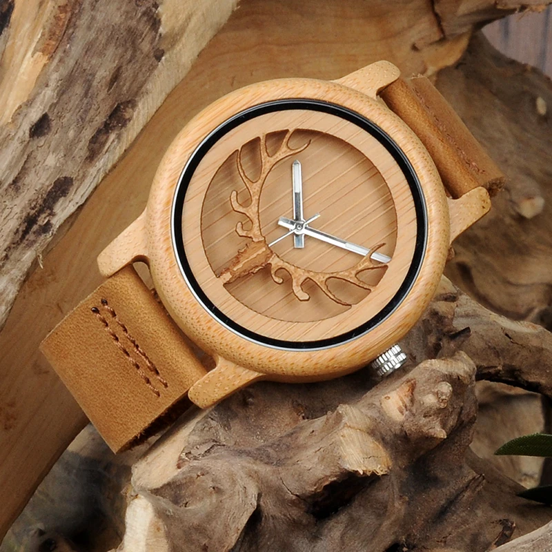 BOBO BIRD Bamboo Watch Men Wood Quartz Wristwatches With Deer Buck Head Design Real Leather Band Customize Relogio Drop Shipping